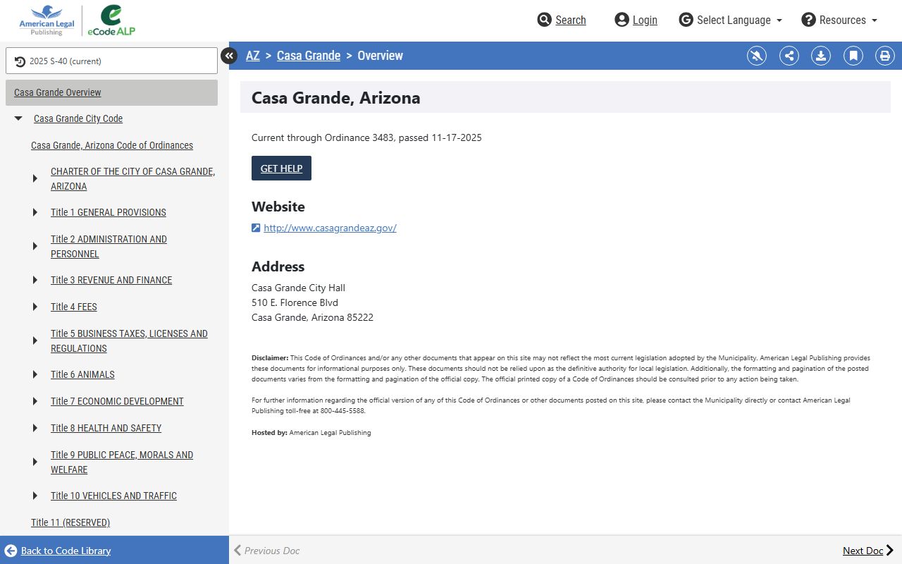 Casa Grande City Code on American Legal library