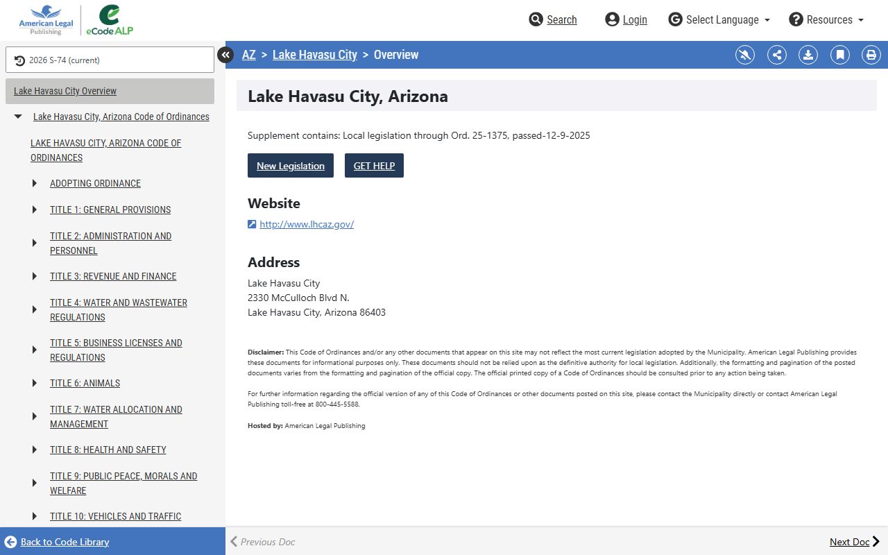 Lake Havasu City Code on American Legal library
