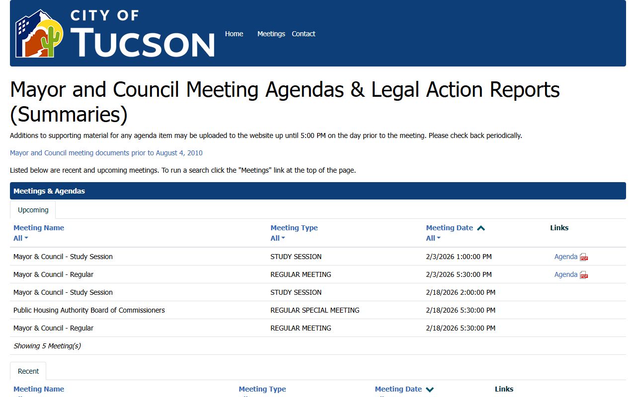 Tucson Council meeting agendas online system