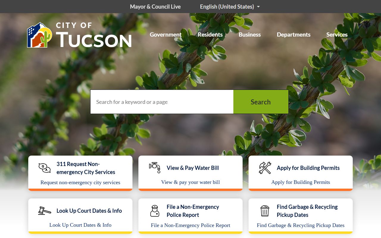 City of Tucson government website homepage