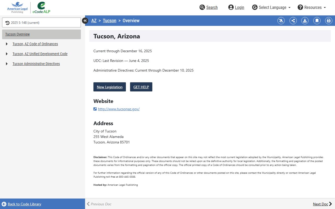 Tucson City Code on American Legal library