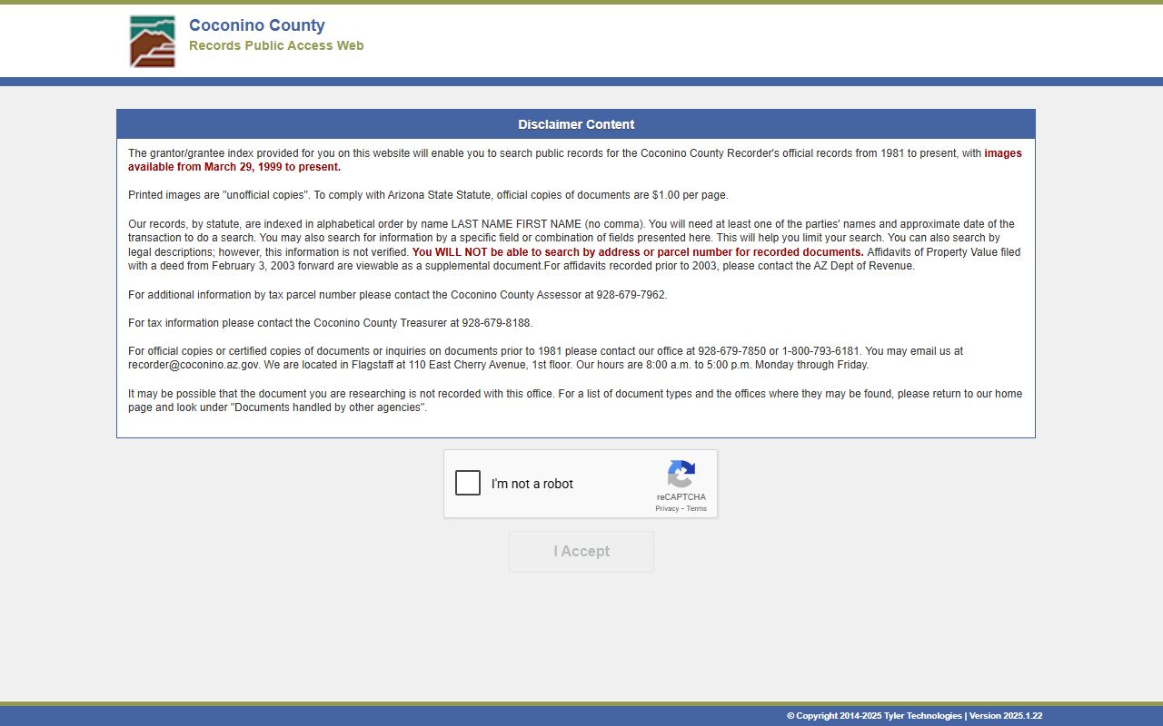 Coconino County recorded documents search information page