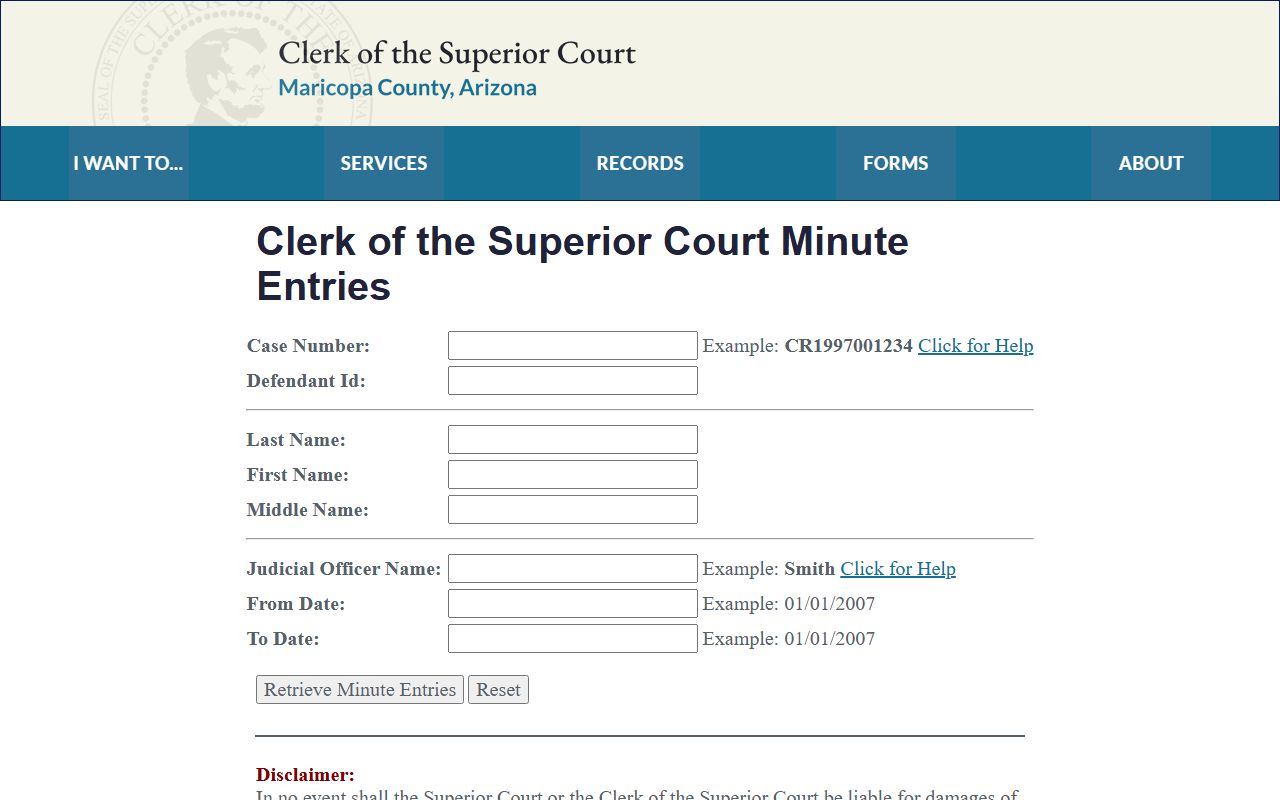 Maricopa County court minute entries search system