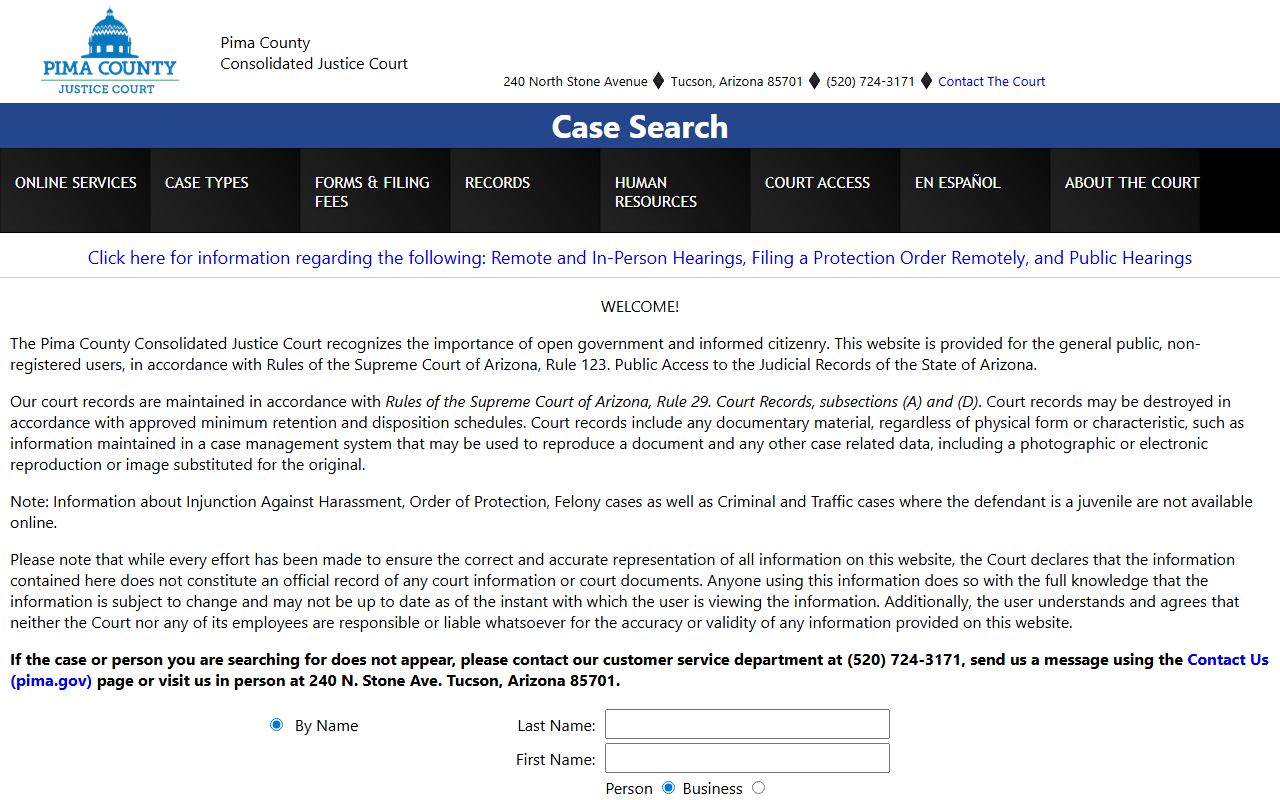 Pima County Justice Court case search system