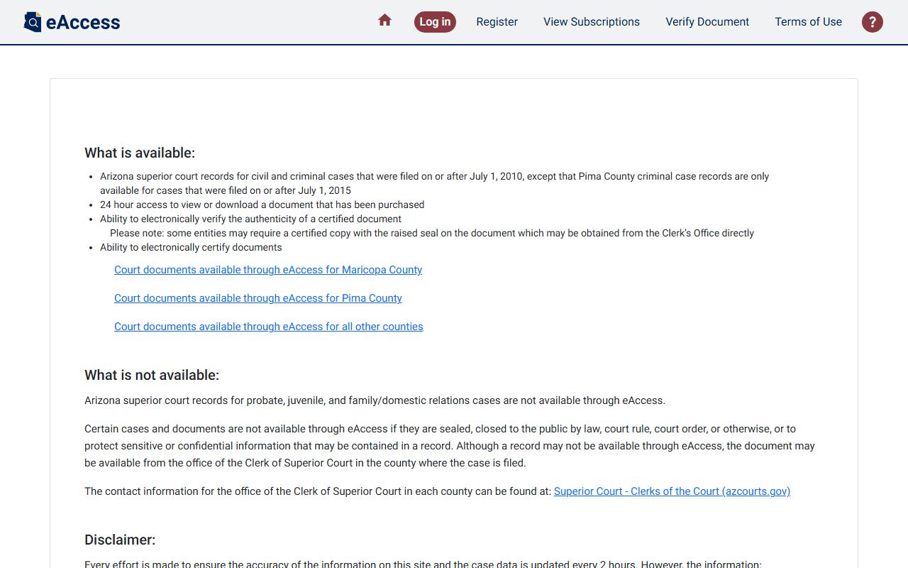 Arizona Courts eAccess portal for searching court records