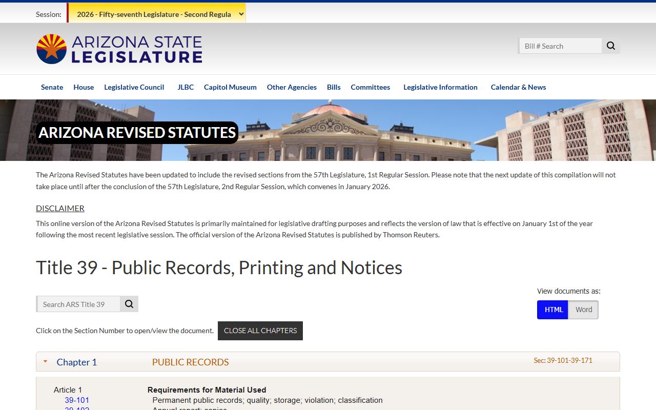 Arizona public records law full text on state legislature website